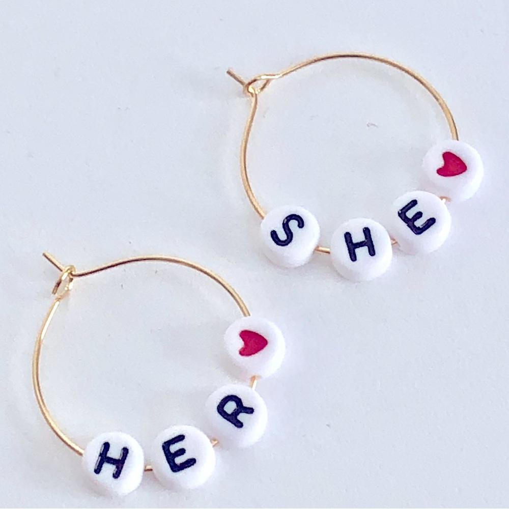 New Pronouns She Her Message Word Love Handmade Earrings Hoops Taylor Swift Gift